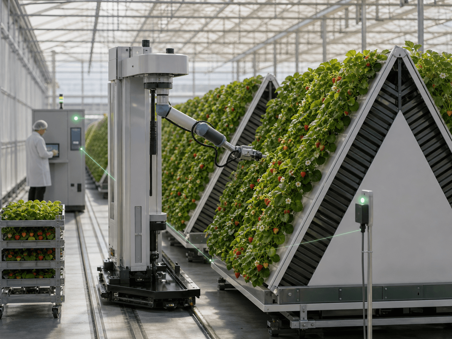 A robotic arm tending an A-frame row of strawberries while an operator monitors from a console