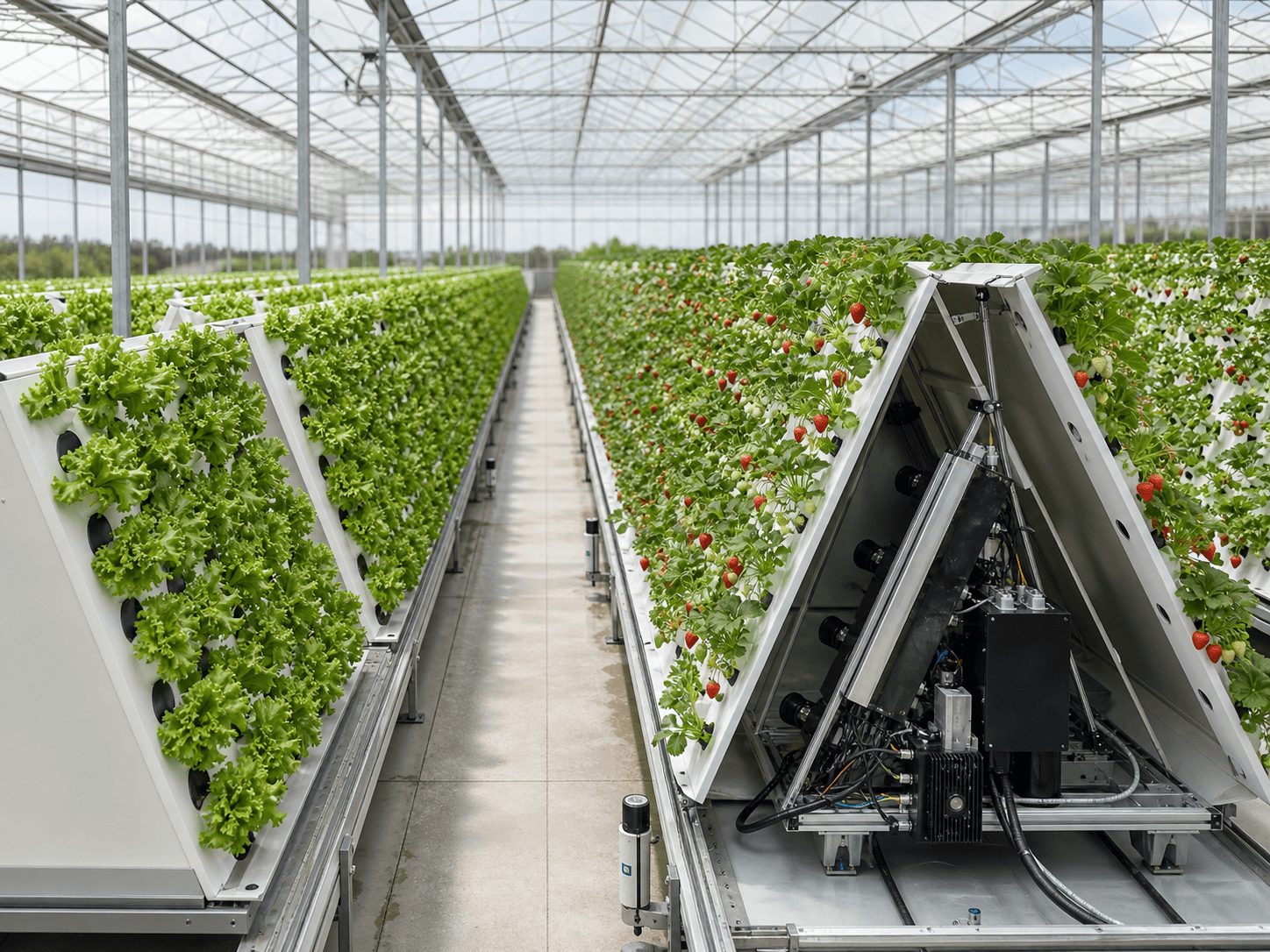 A-frame aeroponic growing racks of leafy greens and strawberries inside a bright greenhouse
