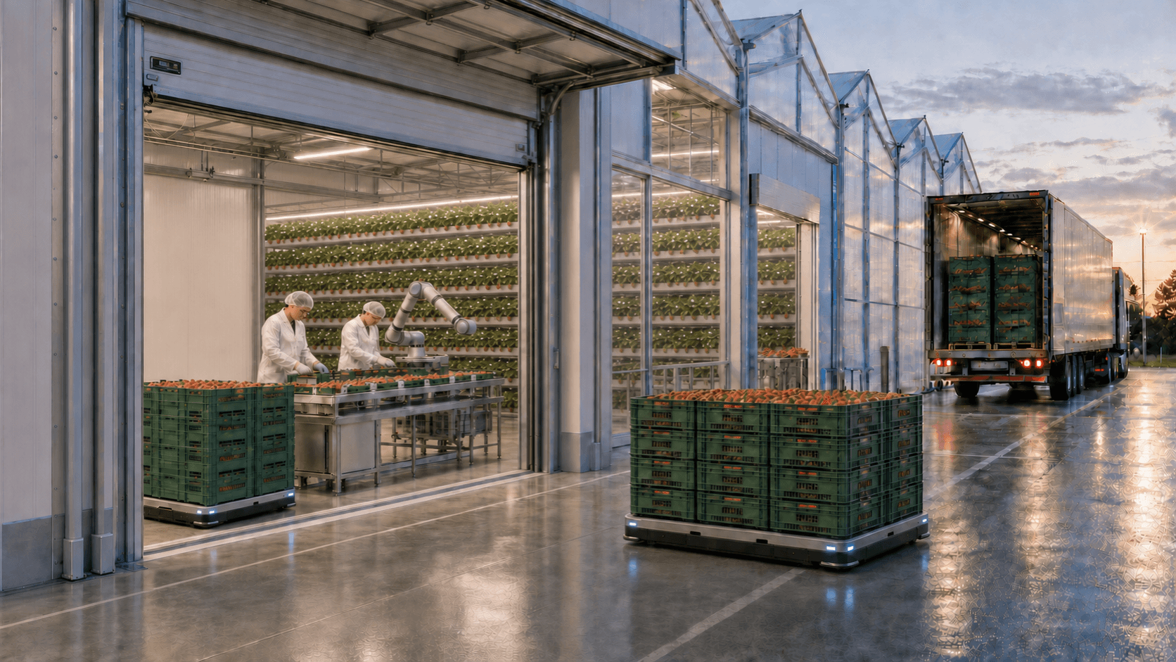 A greenhouse packout hall at dusk: workers in food-safety whites grading produce beside a robotic arm, while an autonomous cart carries crates to a waiting trailer